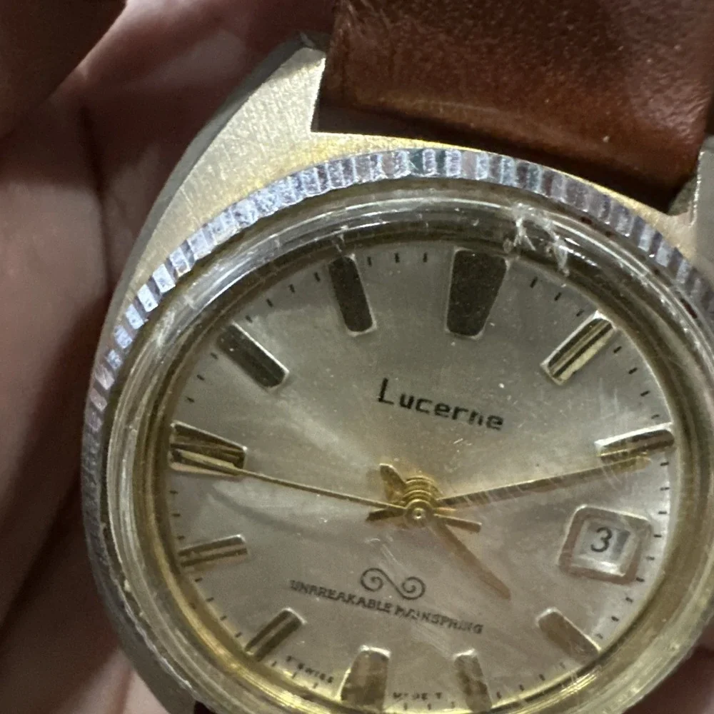 Working Vintage Lucerne Men's Manual Wind Watch 38mm Date Brown Leather Rare Run